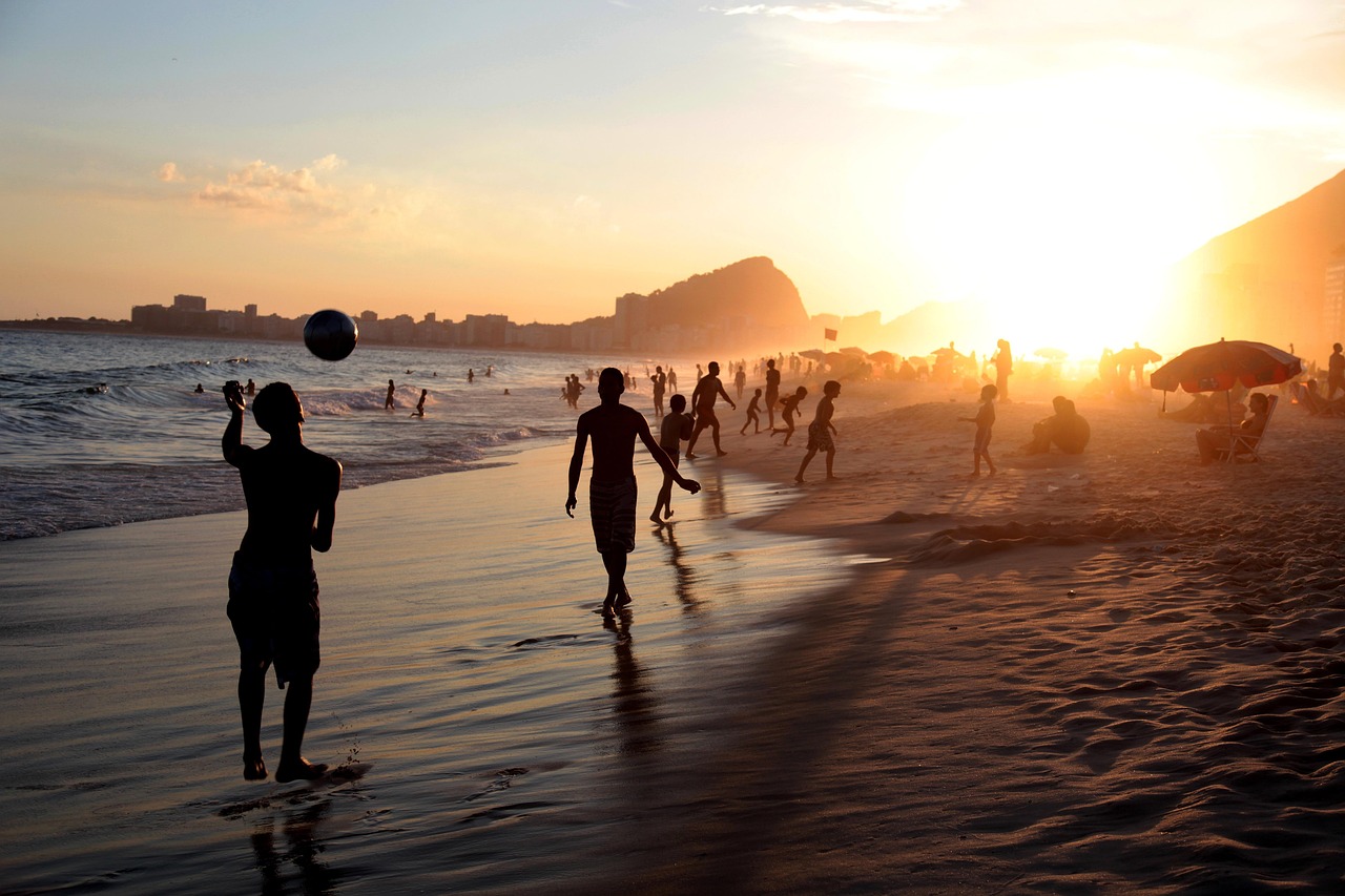 people, beach, sea, coast, sand, tourists, rio, brazil, soccer, football, nature, ball, playing, ray, ocean, copacabana, sunset, rio de janeiro